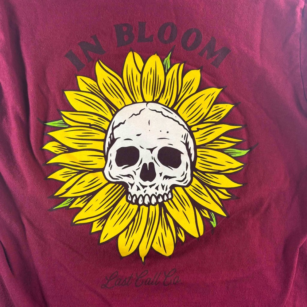 Last Call Co Mens Medium Maroon In Bloom Sunflower Skull Long Sleeve T-Shirt